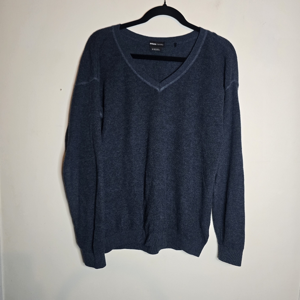 Prana Sweater Mens S Blue Knit V Neck Chest Stretch Outdoors Casual Classic